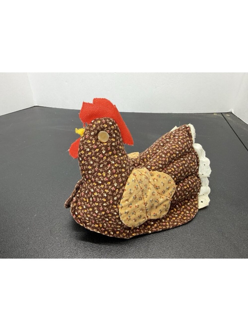 Vintage Chicken Rooster Pot Holder Brown Floral Print Stuffed Hen Country